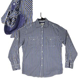 PD&C sz M Mens Button Up Shirt Plaid Blue Black White Roll Tab‎ Sleeves Western
